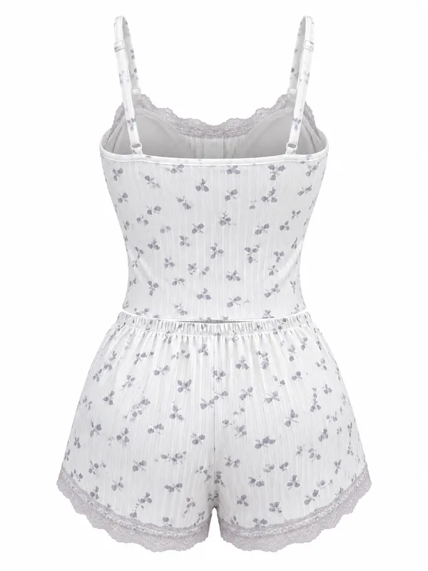 Lace-Trim Floral Print Camisole and Shorts, White, studio, back