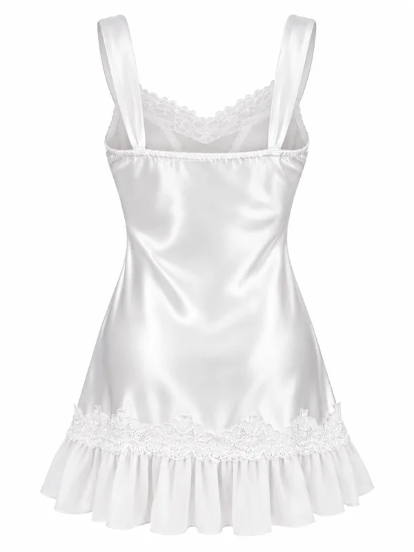 Lace-Trim Satin Ruffle-Hem Slip, White, studio, back