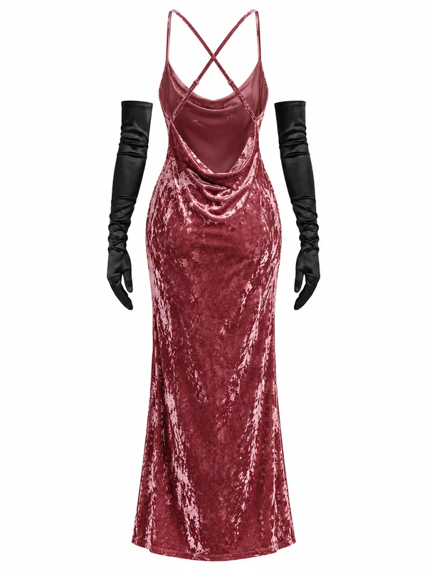 Velvet Cowl-Neck High-Slit Slip, Fuchsia, studio, back