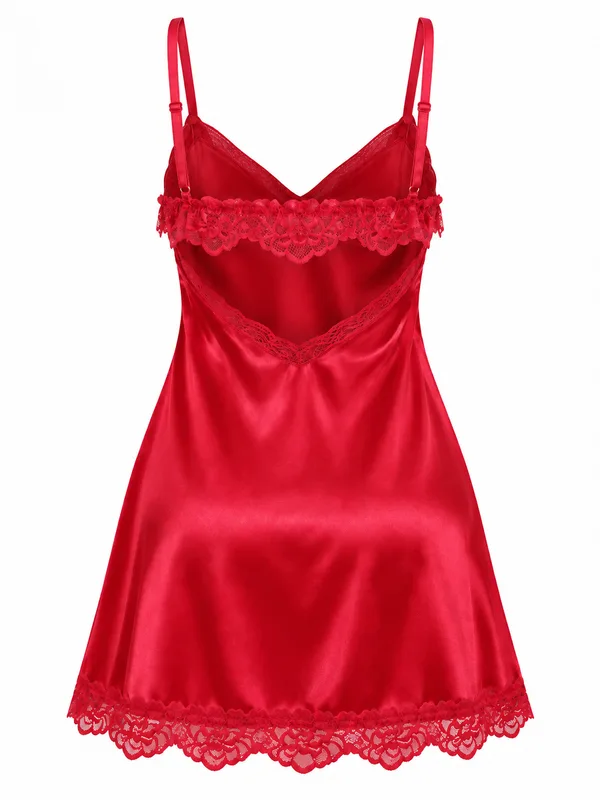 Butterfly Lace-Trim Satin Slip, Red, studio, back