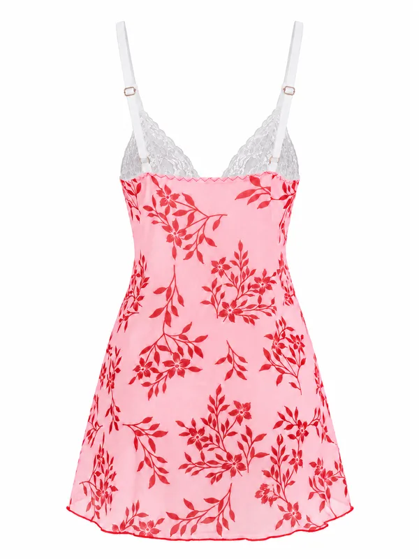 Lace Mesh Floral Babydoll, Pink, studio, back