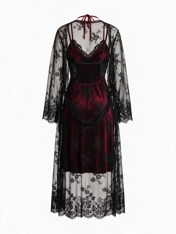 Lace-Trim Velvet High-Slit Slip, Burgundy, studio, back