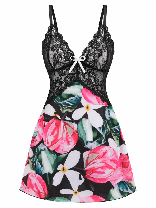 Lace Bodice Floral-Print Babydoll, Black, studio, front