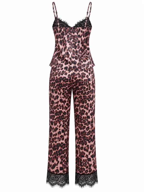 Leopard Print Lace-Trim Satin Cami and Pants Sleepwear, Leopard Print, studio, back