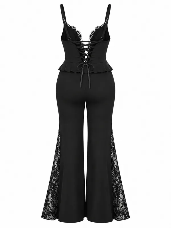 Lace-Trim Lace-Up Cami and Wide-Leg Pants Set, Black, studio, back