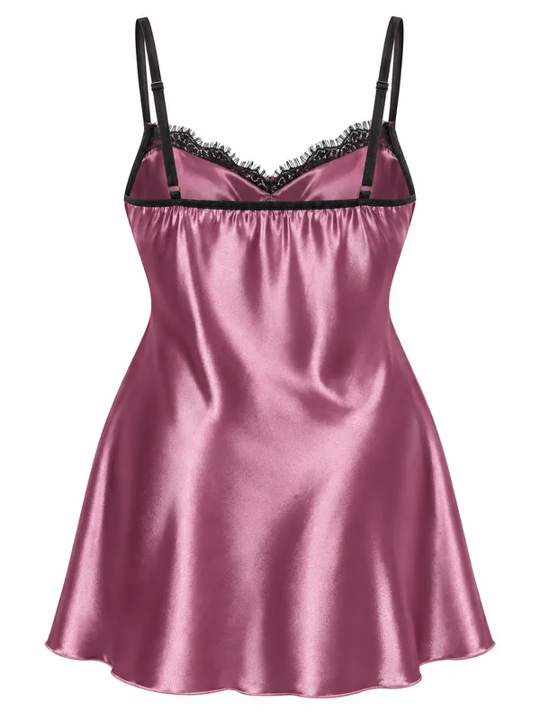 Lace-Trim Satin Side-Slit Slip, Purple, studio, back