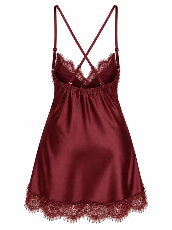 Lace-Trim Satin Slip, Burgundy, studio, back