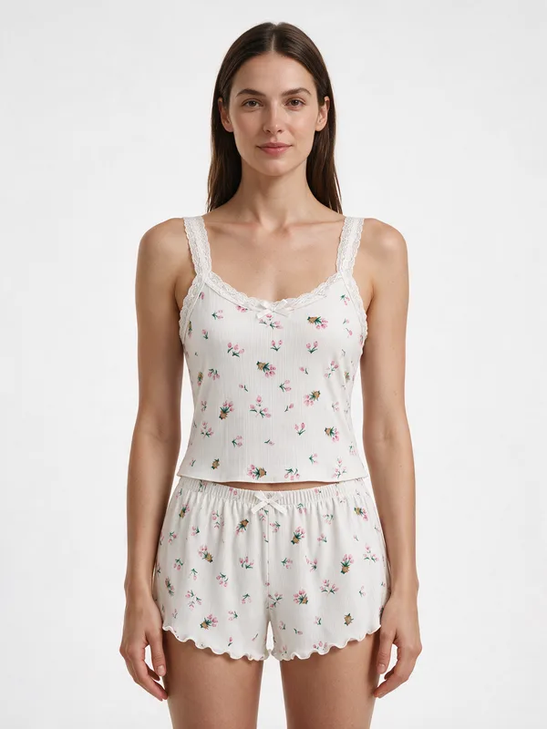 Lace-Trim Ribbed Cami and Shorts in White