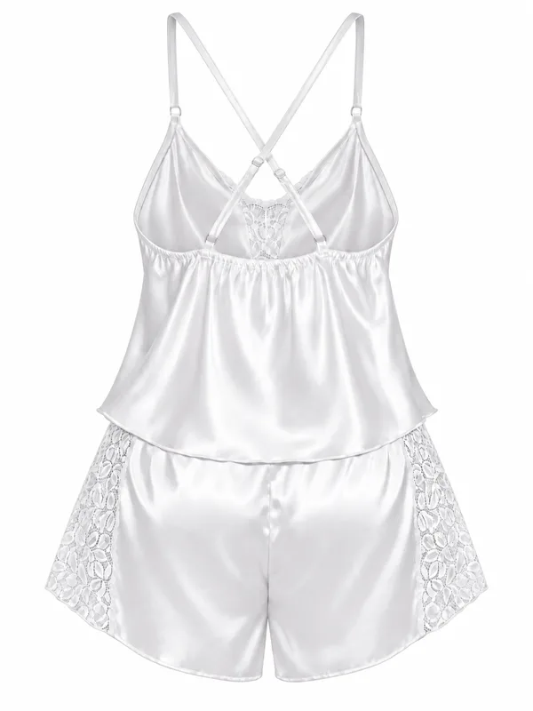 Satin Cami and Lace-Trim Shorts, White, studio, back