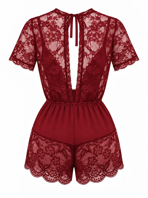 Deep V-Neck Lace-Trim Mesh Romper, Burgundy, studio, back