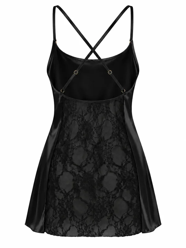 Lace-Back Satin Slip, Black, studio, back