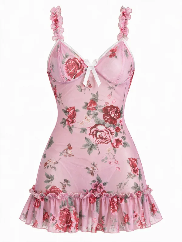 Floral Print Mesh Ruffle-Trim Slip, Pink, studio, front