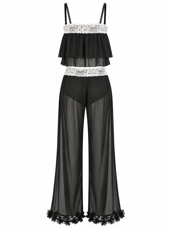 Lace-Trim Sheer Mesh Cami Top and Pants, Black, studio, back