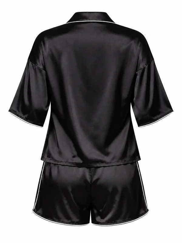 Satin Contrast-Trim Pajama Shirt and Shorts, Black, studio, back