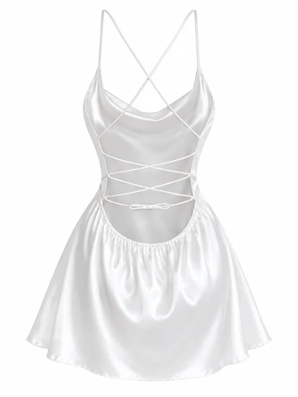 Satin Cowl-Neck Lace-Up Slip, White, studio, back