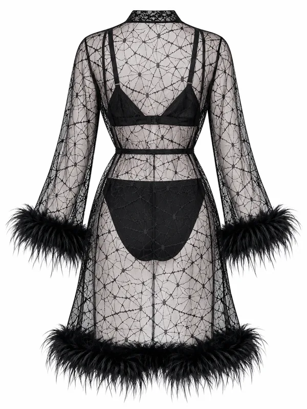 Spiderweb Mesh Feather-Trim Robe with Bra and Panty, Black, studio, back
