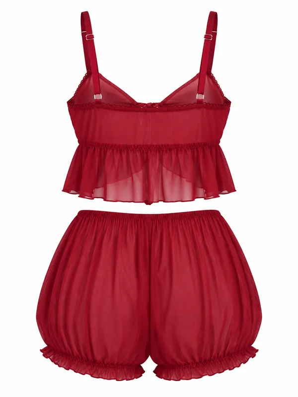 Ruffle Mesh Cami and Bloomer Shorts, Burgundy, studio, back