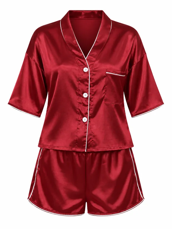Satin Contrast-Trim Pajama Shirt and Shorts, Burgundy, studio, front