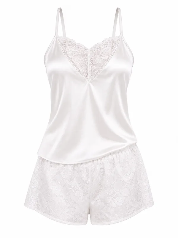 Lace-Trim Satin Camisole and Shorts, White, studio, front