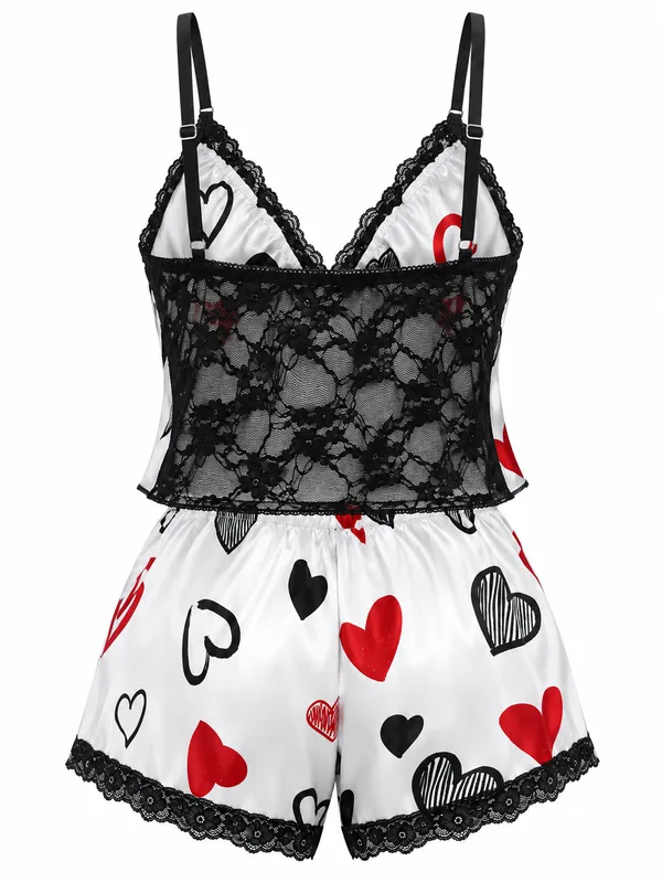 Heart-Print Satin Lace-Trim Cami and Shorts, White, studio, back