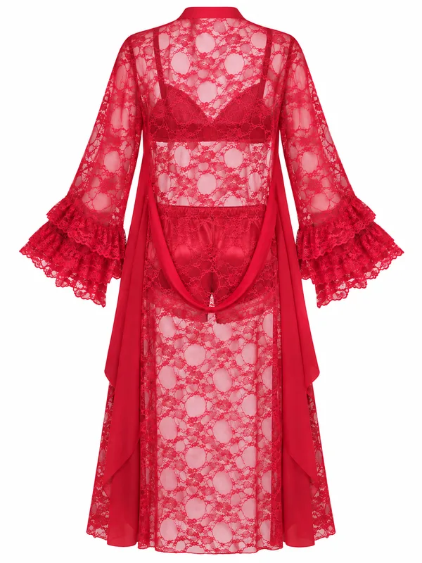 Sheer Lace Bell-Sleeve Long Robe with Lace Bra and Satin Shorts, Red, studio, back