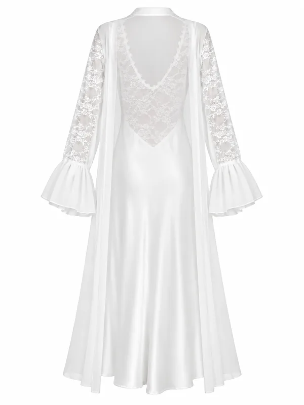 Lace-Trim Satin Slip Dress, White, studio, back