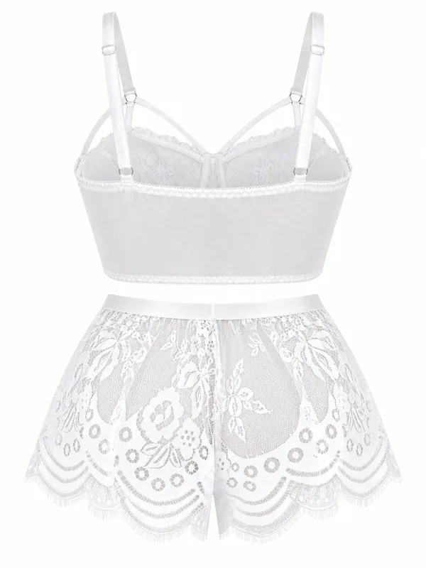 Lace Mesh Longline Bra and Lace Shorts, White, studio, back