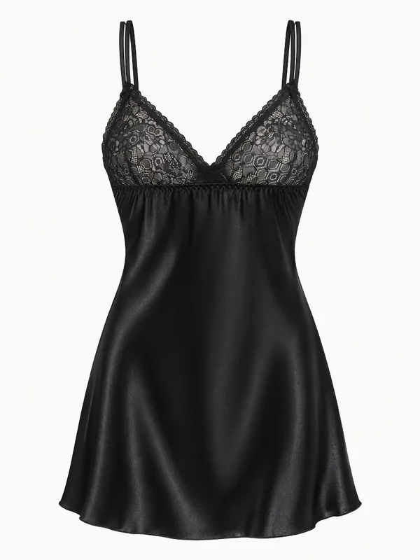 Lace-Trim Satin Slip, Black, studio, back
