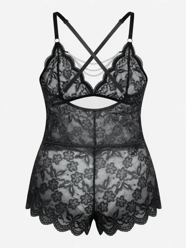 Lace Cutout Chain Teddy, Black, studio, back