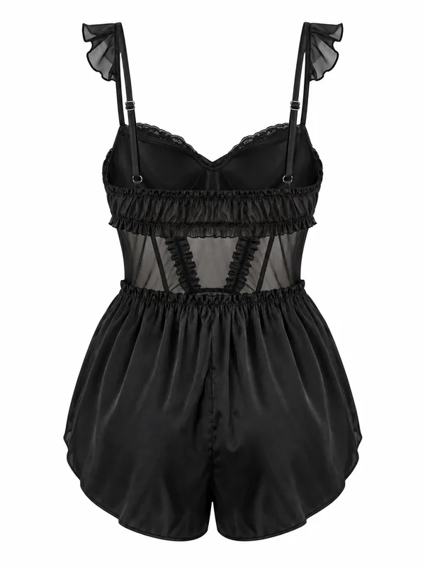 Satin Mesh Ruffle-Trim Teddy, Black, studio, back