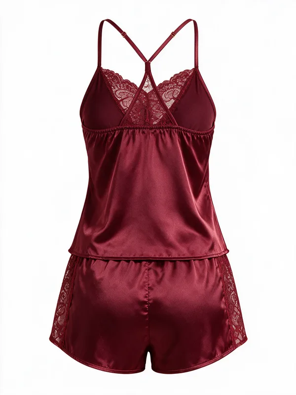 Lace-Trim Satin Camisole and Shorts, Burgundy, studio, back