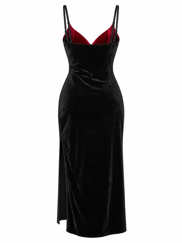 Heart-Panel Velvet Slip Dress, Black, studio, back