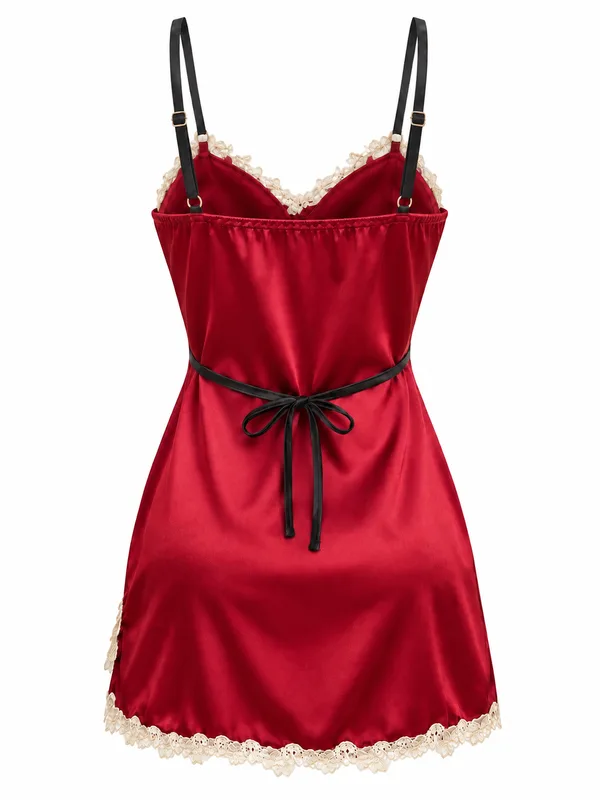 Lace-Trim Satin Slip, Red, studio, back