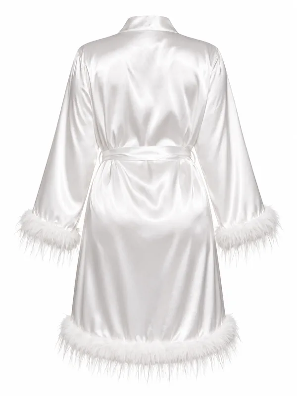 Feather-Trim Satin Robe with Lace Panel, White, studio, back