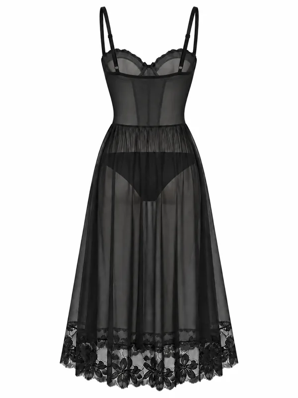Lace-Trim Sheer Mesh Long Slip, Black, studio, back