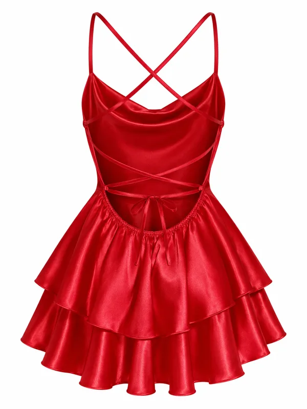 Cowl-Neck Lace-Up Ruffle Slip, Red, studio, back