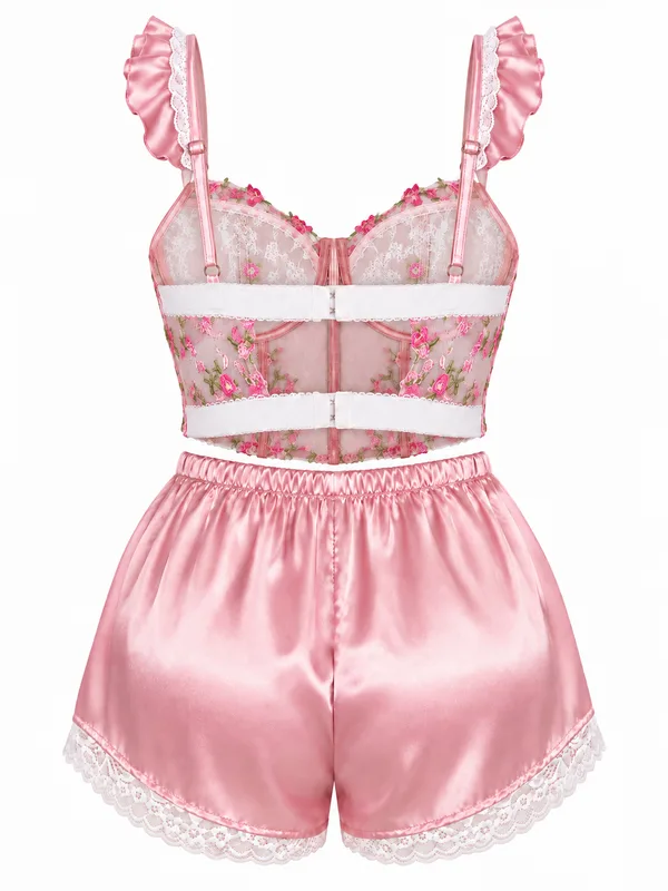 Floral Embroidered Mesh Corset Top and Satin Shorts, Pink, studio, back