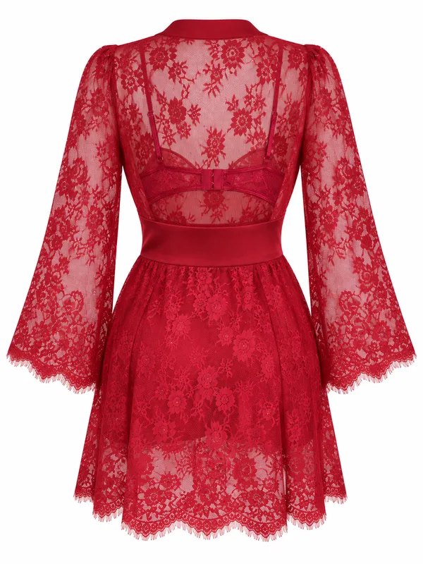 Long-Sleeve Lace Robe and Lace Babydoll, Burgundy, studio, back