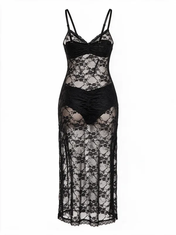 Lace Long Slip with High Slit, Black, studio, back