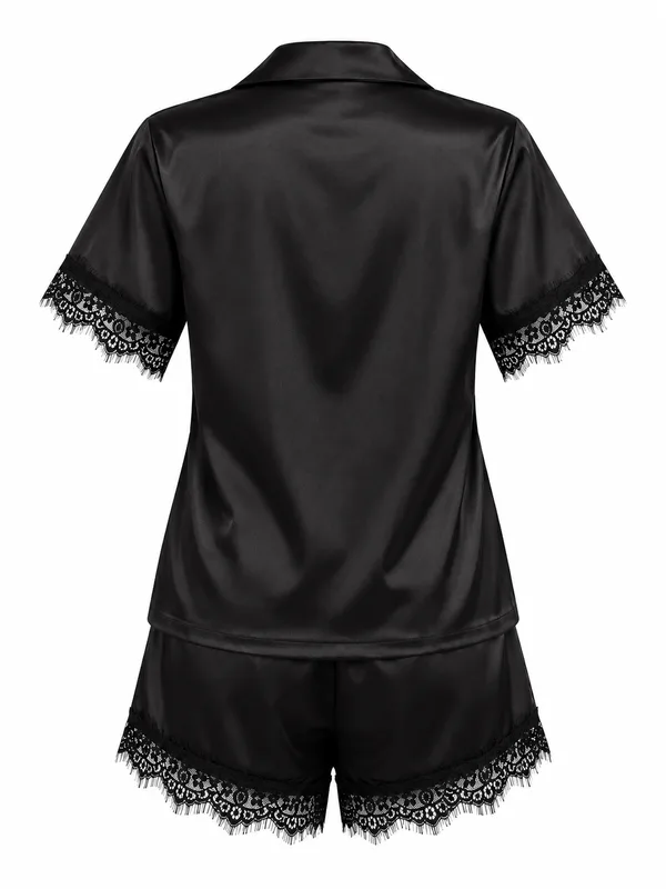 Lace-Trim Satin Pajama Shirt and Shorts, Black, studio, back