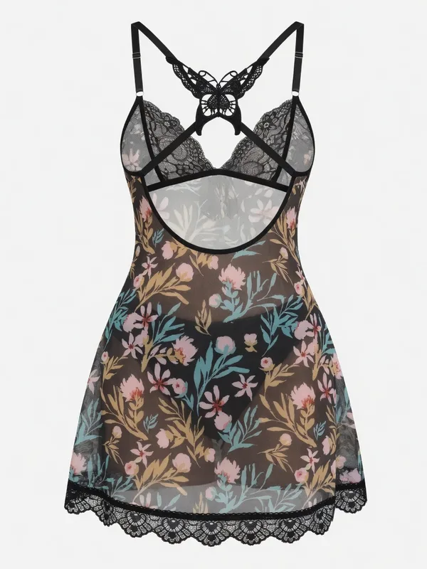 Floral Print Lace-Trim Mesh Babydoll, Black, studio, back