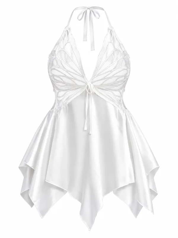Halter Mesh Satin Babydoll in White