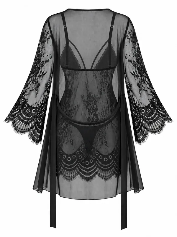 Lace-Trim Mesh Babydoll and Robe, Black, studio, back