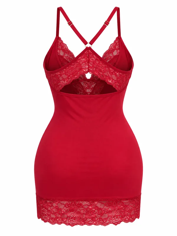 Lace-Trim Keyhole V-Neck Slip, Red, studio, back