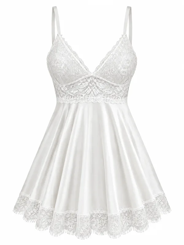 Lace-Trim Satin Babydoll, White, studio, front