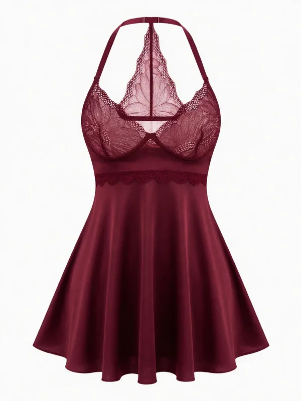 Lace Bodice Racerback Babydoll, Burgundy, studio, front
