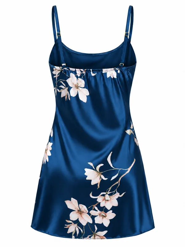 Satin Floral Mini Slip, Navy Blue, studio, back