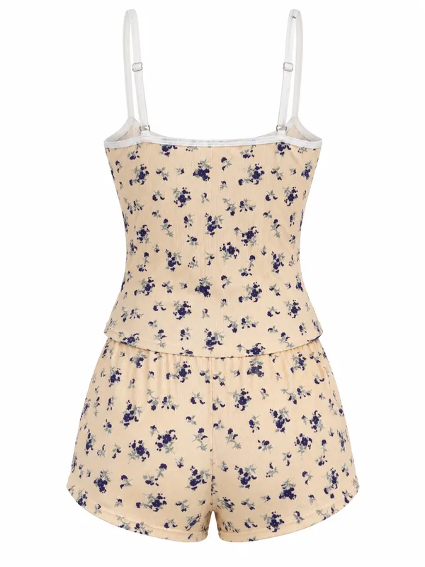 Floral Print Ribbed Cami Top and Button-Front Shorts, Beige, studio, back