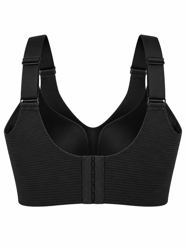 Ribbed V-Neck Wireless Bra, Black, studio, back