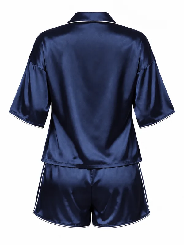 Satin Contrast-Trim Pajama Shirt and Shorts, Navy Blue, studio, back